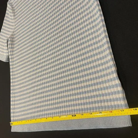 ~Brooks Brothers XL Sweater Short Sleeved Striped Metallic Ribbed Knit Lite Blue - Picture 14 of 16